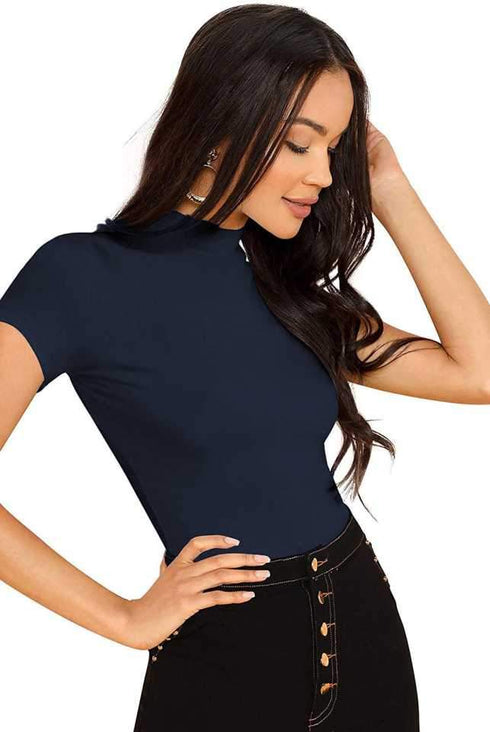 Women Navy Blue Round Neck Half Sleeves T-Shirt